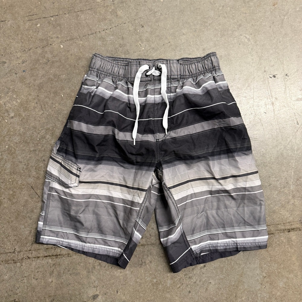 Kanu Surf Mens Striped Swim Trunks Grey Charcoal White Board Shorts Size Small